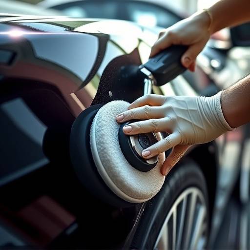 Car being detailed with polishing equipment.