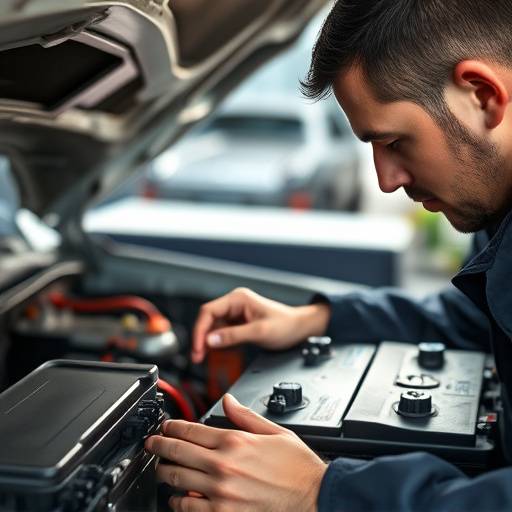 Mechanic inspecting a car battery.