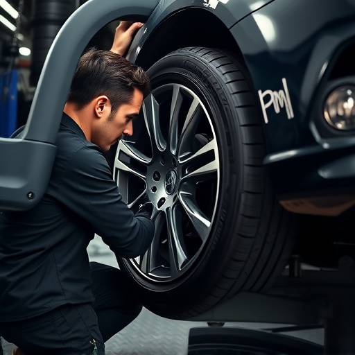 Mechanic installing a new tire on a car wheel.