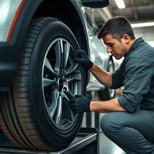 Mechanic installing a new tire on a car wheel.
