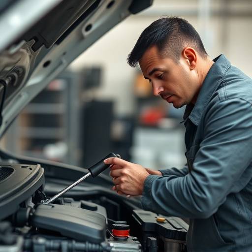 Mechanic using a diagnostic tool to check a car engine.